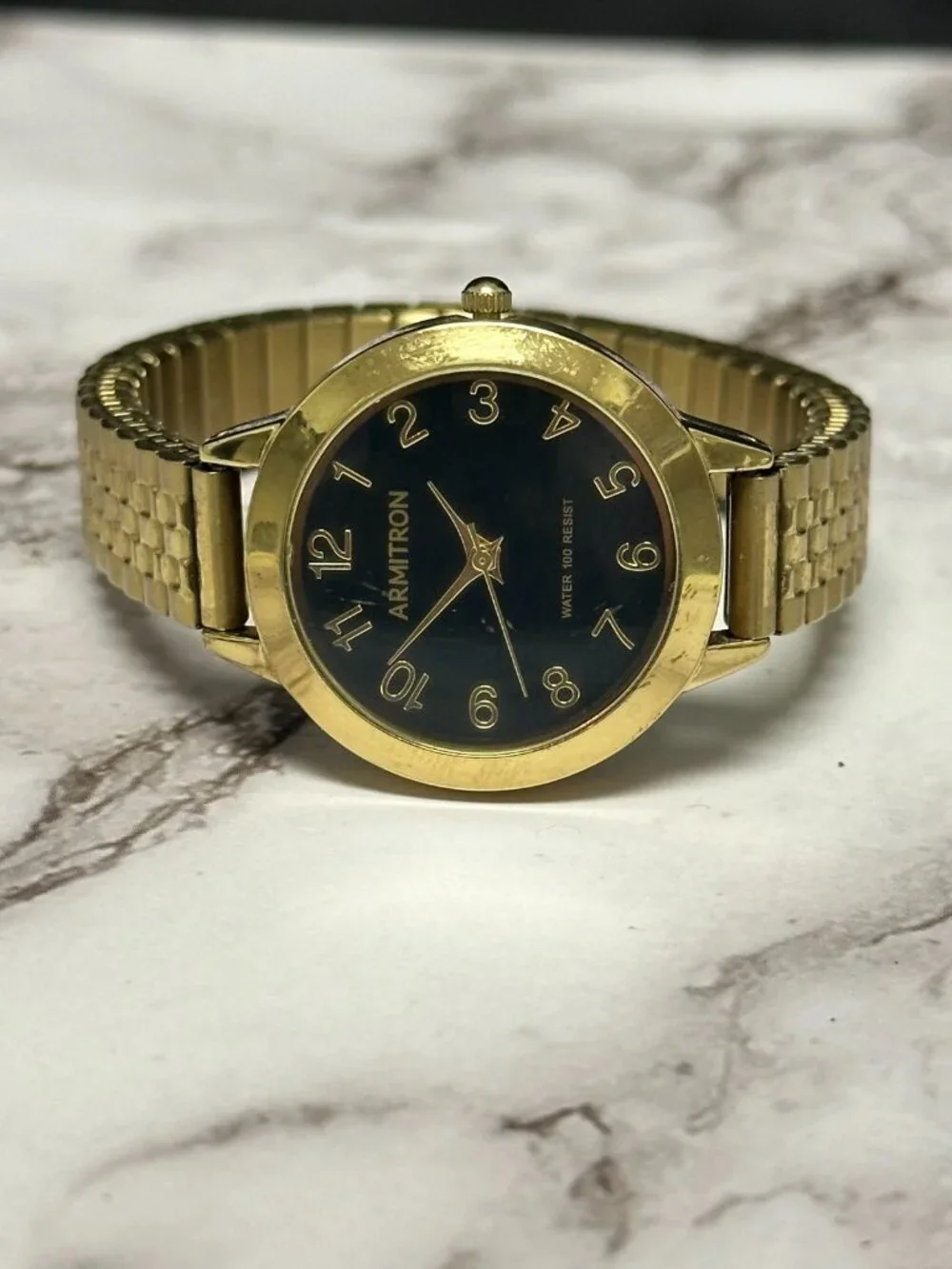 Armitron Watch Women Gold Tone Black Dial Stretch Band New Battery 6.75 Inch